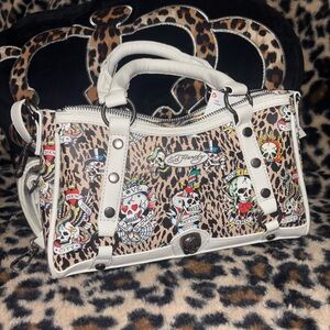 Ed Hardy White and Leopard Print Clutch with Tattoo Designs